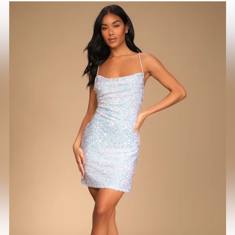 Lulus Light Blue Iridescent Sequin Mini Bodycon Dress Medium